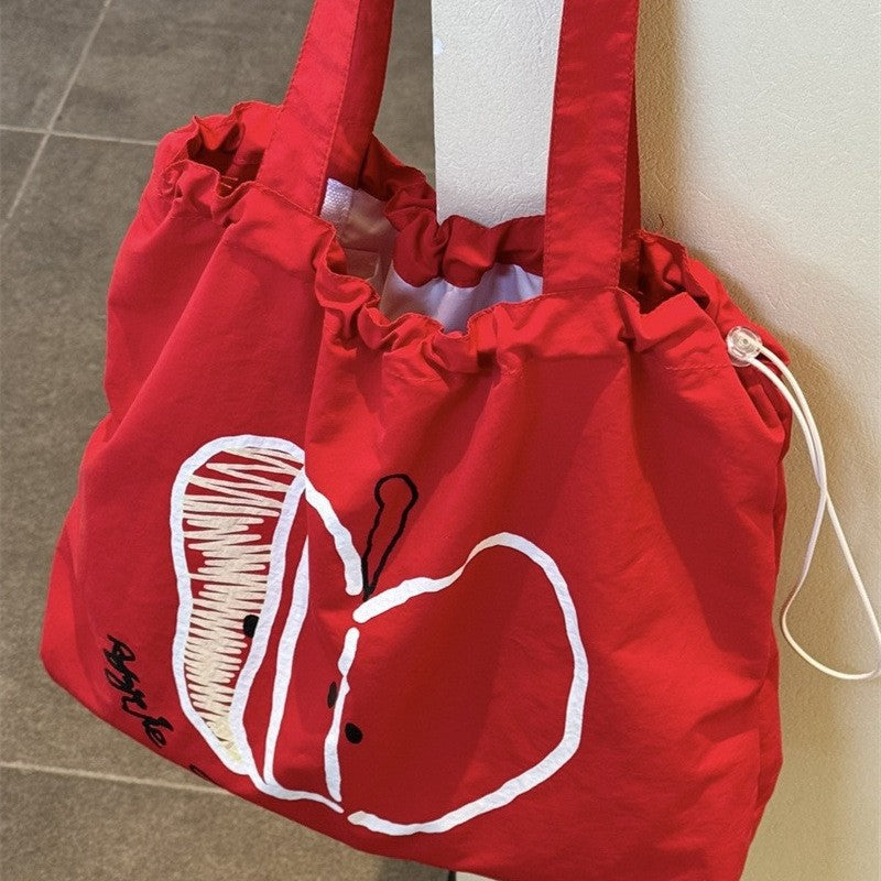 Cute Apple Print Women's Drawstring Tote Bag Lightweight and Large Capacity All-Match Cartoon Fashion Shoulder Bag