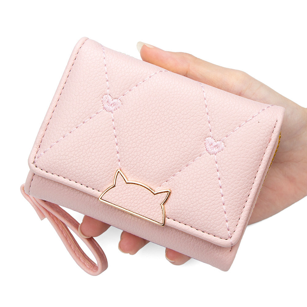 Chic Quilted PU Wallet with Embroidered Hearts and Cat Design, Compact Trifold Purse for Everyday Use