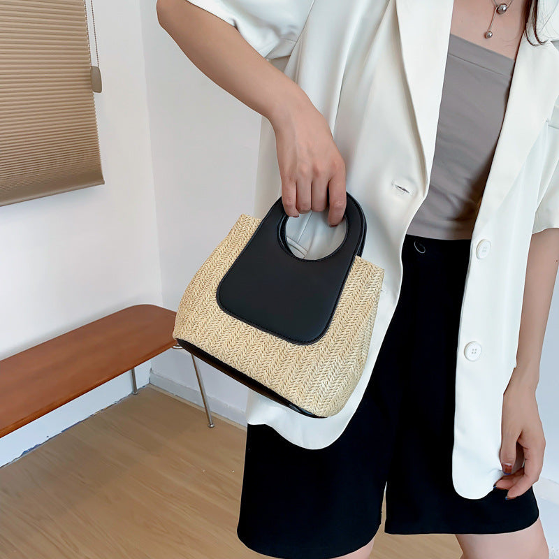 2024 Summer Retro Color-Blocking Woven Tote Bag, Large Capacity Handcrafted Straw Bag, Simple Fashion Shoulder Handbag with Circular Handle
