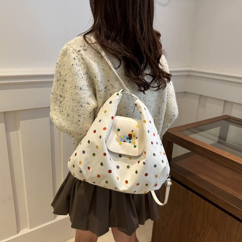 Women's Schoolbag Shoulder Bag Cute Polka Dot Embroidered Tote Bag Large Capacity Student Daily Casual Crossbody Shoulder Bag