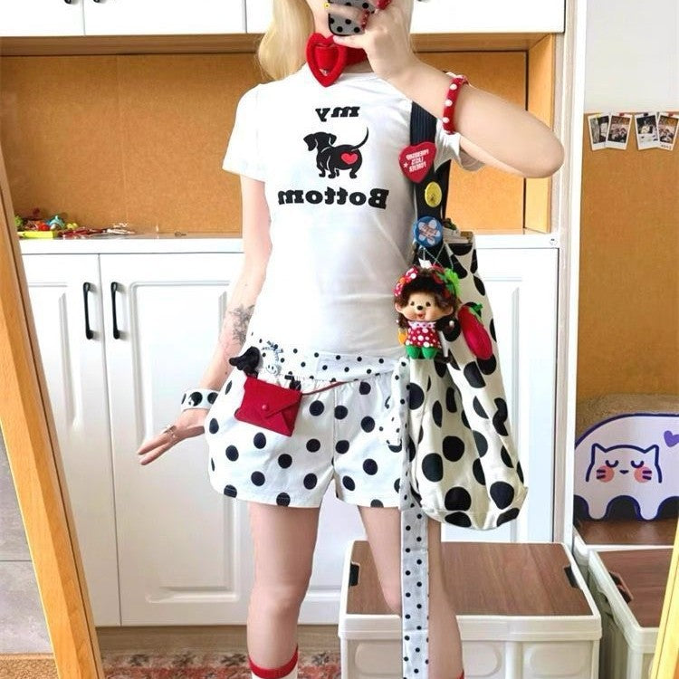 Shoulder Bag Female Korean Simple Polka Dot Idle Style Student Class Commuting Large Capacity Totes Double-Sided Canvas Bag