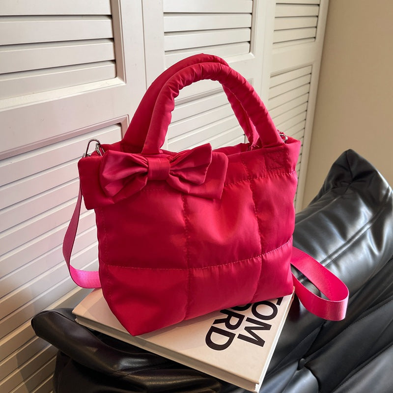 Women's Shoulder Bag Large Capacity Rhombus Solid Color Minimalist Bowknot New Astronaut Bag Cotton Jacket Bag