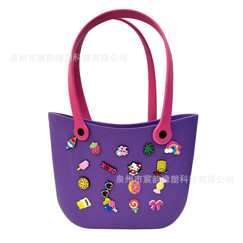 Cute Tote Cartoon Badge Women's Handbag Suitable for Beach Hole Rubber Basket