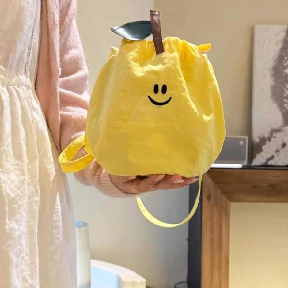 Cute Smiley Drawstring Messenger Bag Daily Commute Portable Cell Phone Bag Oxford Cloth Material