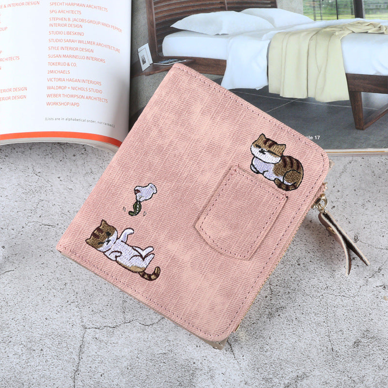 Cute Embroidered Cat Design Wallet for Women, Stylish Denim Look with Zipper Closure and Multiple Pockets