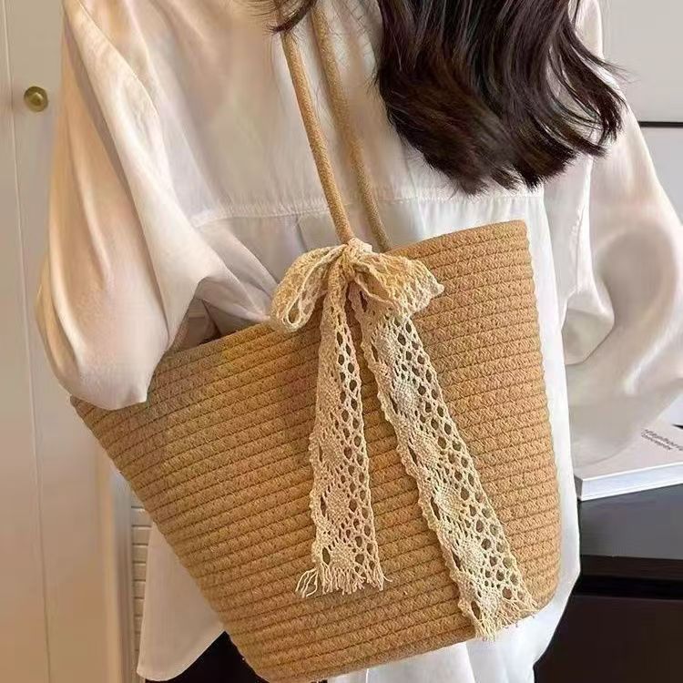 Summer Straw Tote Women's Lace Bow Knot Large Capacity Seaside Holiday Travel Shoulder Bag