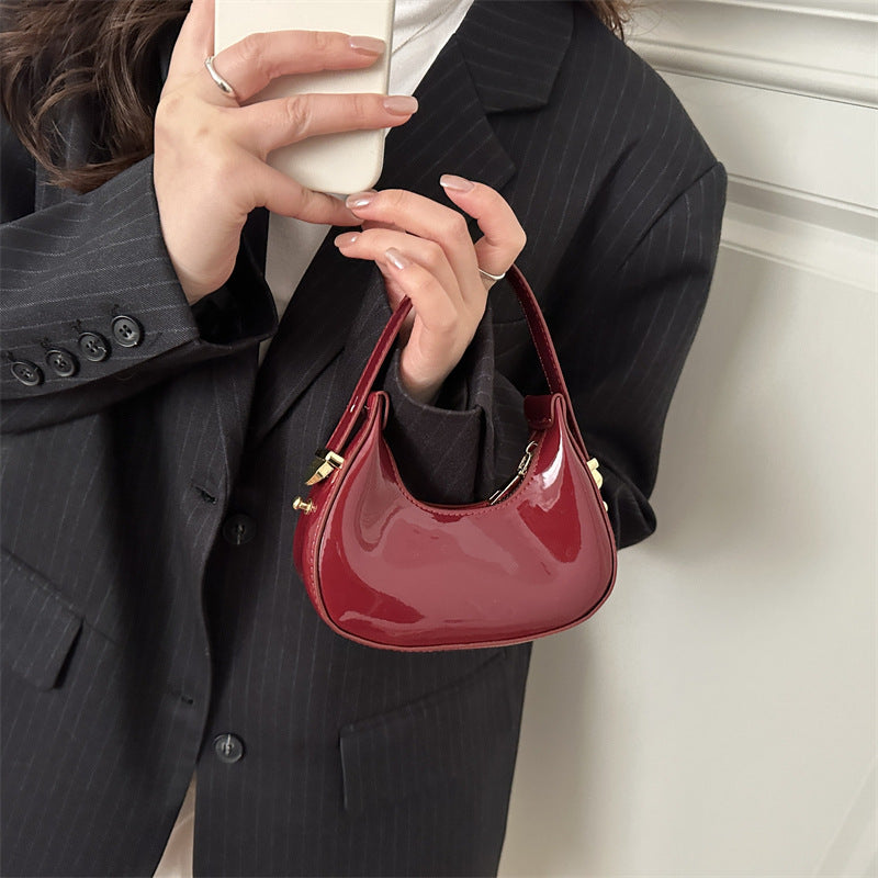 Elegant French-Style Moon Bag with Glossy PU Finish, Fashionable Handheld Design for Daily Chic