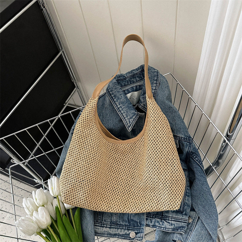 Korean Vintage Weave Tote Bag Women's Straw Large Capacity Underarm Shoulder Beach Bag
