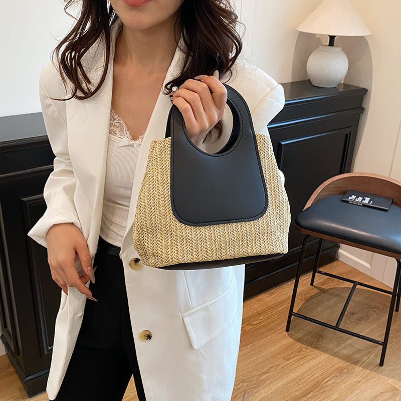 Summer Retro Color Contrast Patchwork Straw Bag Large Capacity Hand-Woven Bag Simple Fashion Shoulder Handbag