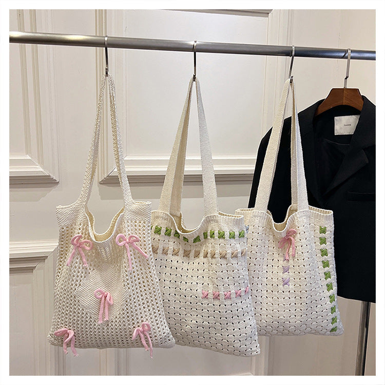 Women's Shoulder Bag New Korean Weaving Tote Bag Bow Design Fashion Casual