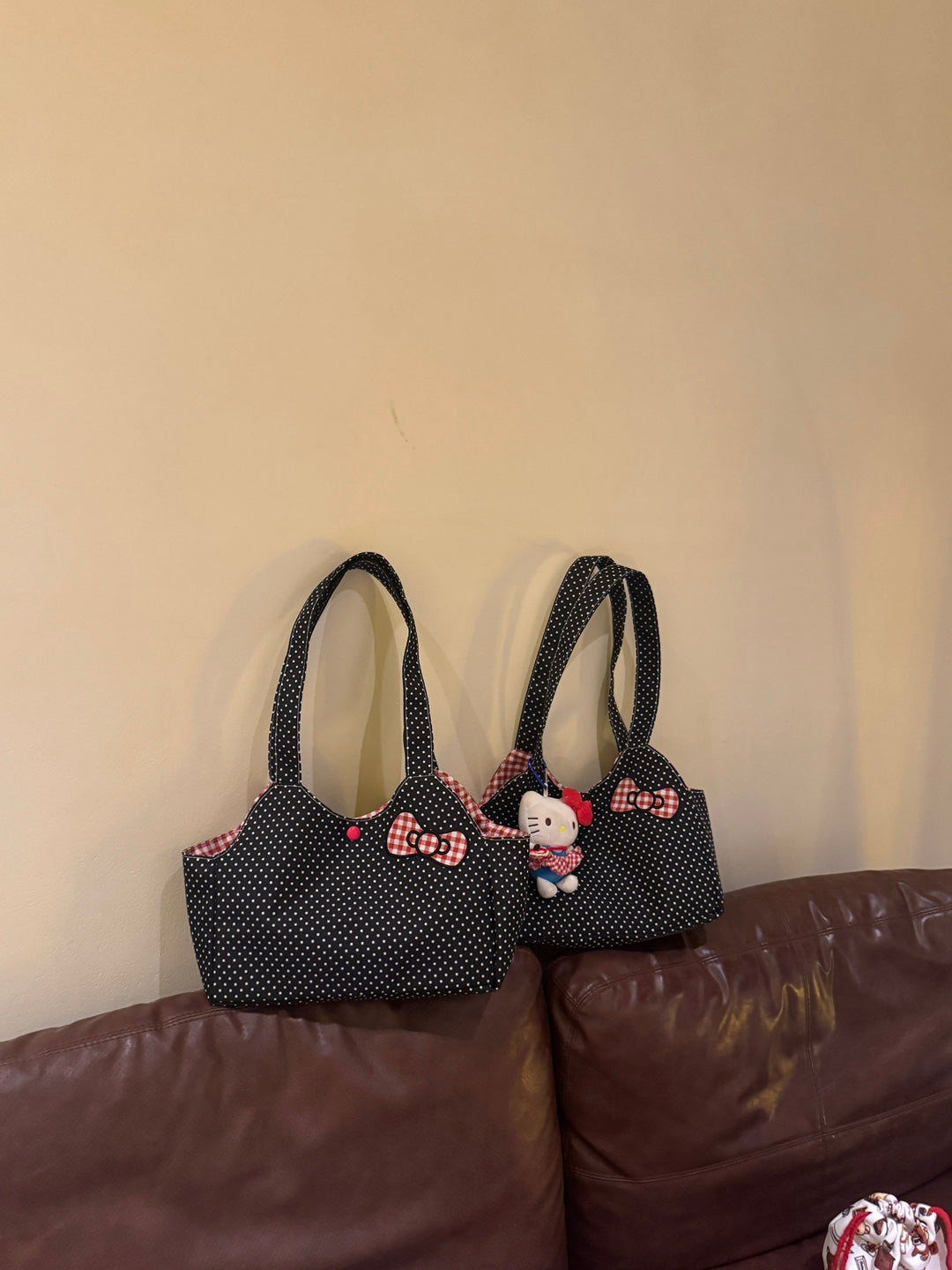 Cute Polka Dot Tote Bag with Red Checkered Bow and Hello Kitty Charm, Perfect for Daily Use