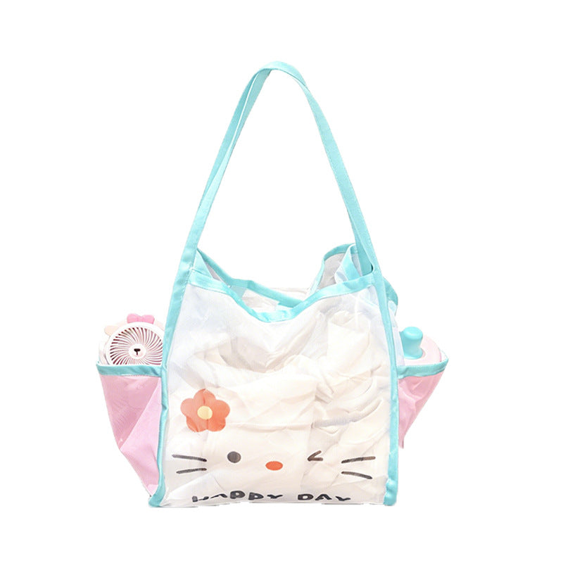 Cartoon Mesh Portable Shoulder Bag Women's Large Capacity Contrast Color Beach Bag Fitness Swimming Clothes Changing and Washing Storage Bag