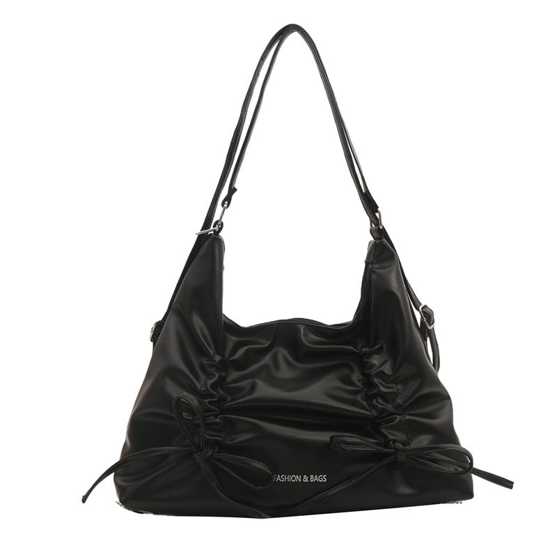 New Pleated Bow Tote Bag Women's Large Capacity Commuter Shoulder Chain Design Urban Simple Style