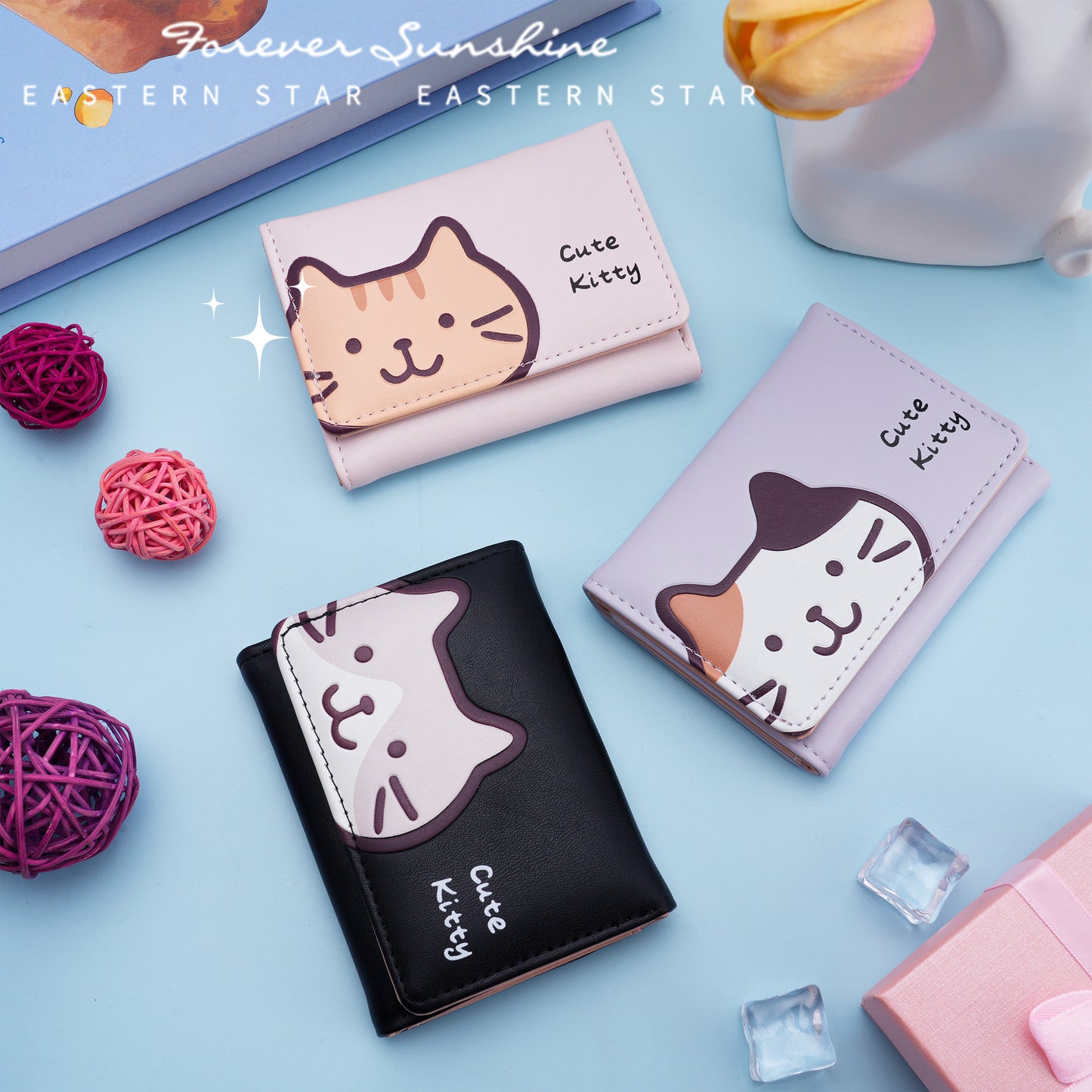 Cute Kitty Print PU Wallet for Women, Fashionable Three-Fold Card Holder with Sweet Cartoon Design