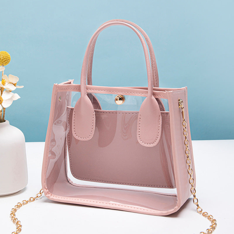 Women's Cross-Body Bag Handbag Transparent PVC Tote Bag with Leather Edge Chain Crossbody Handbag