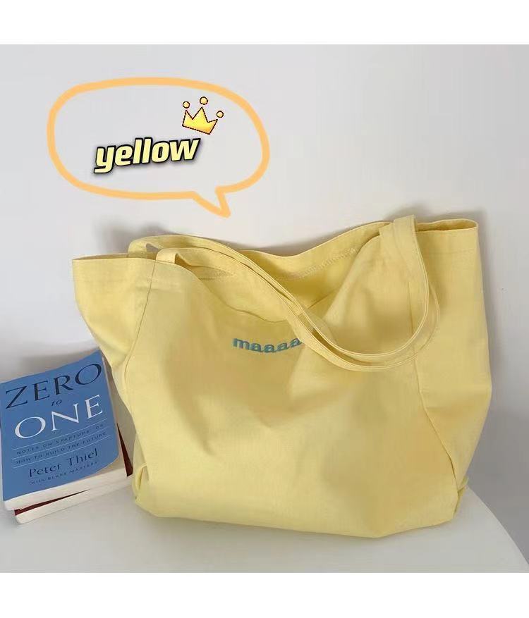 Cute Candy Color Canvas Tote Bag with Letter Print and Fluffy Charm for Daily Use and School