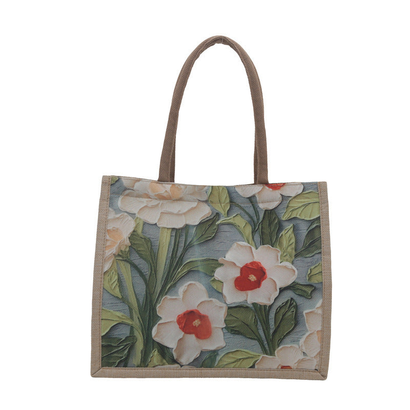 Large Capacity Linen Commuter Bag Women's New Shoulder Ethnic Style Student Handheld Class Portable Tote Bag