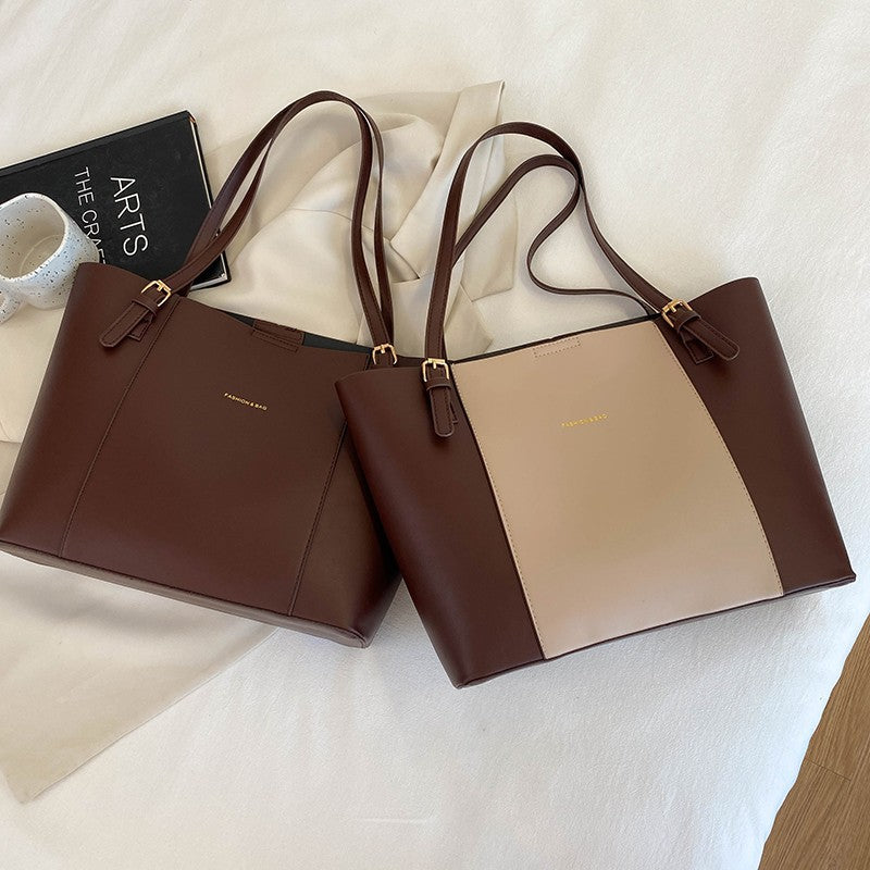 Women's Simple Color Contrast Patchwork Pu Tote Bag Large Capacity Daily Commuter's All-Matching Portable Shoulder Bag