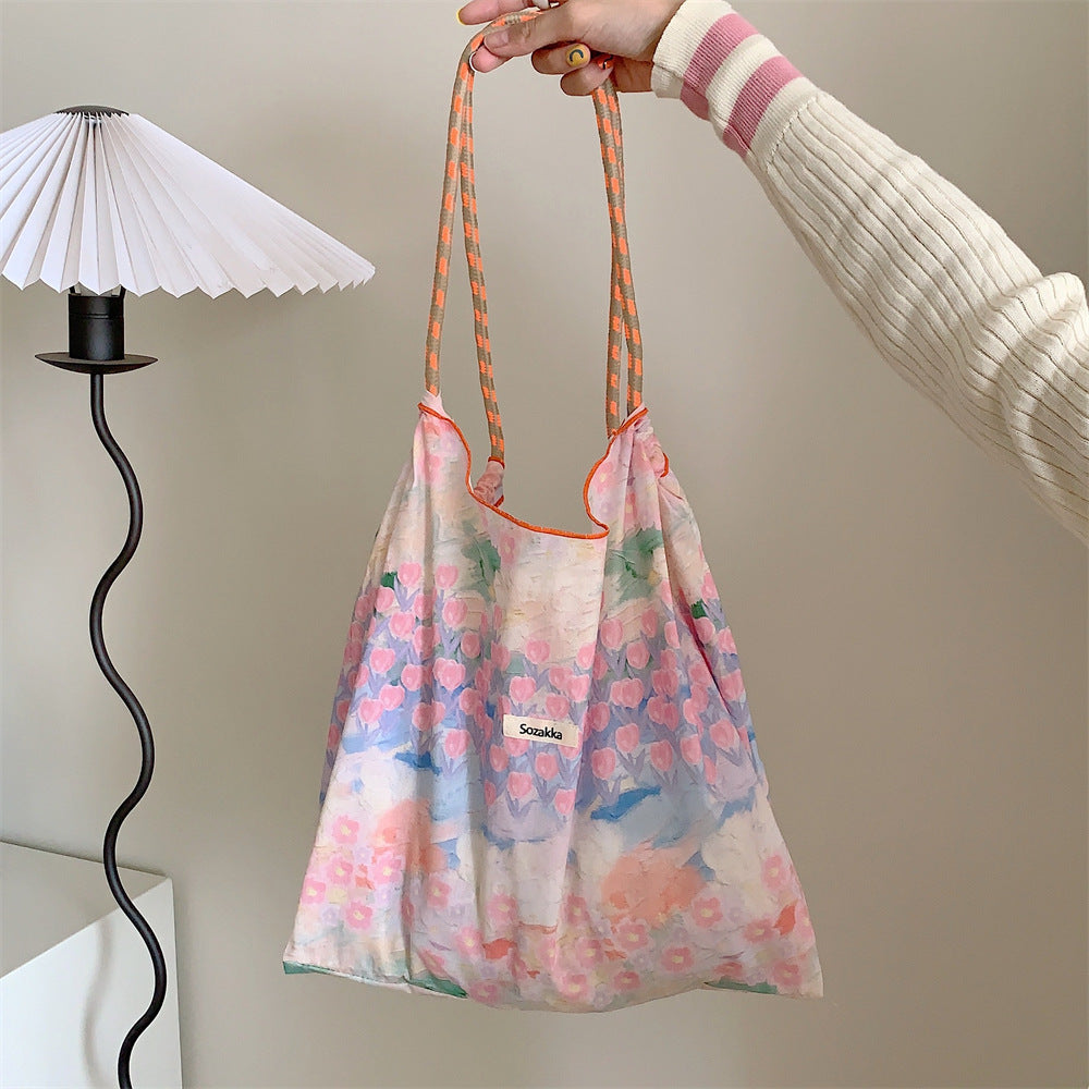 Korean Style Summer Large Capacity Hand Shoulder Bag Drawstring Shopping Bag Fresh Floral Tote Bag Underarm Bag