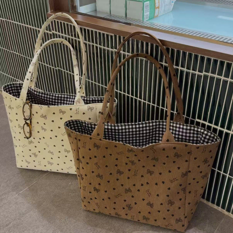 Women's Canvas Bag Large Capacity Love Heart Bow Tie New All-Match One-Shoulder Fashion Portable Commuter Tote