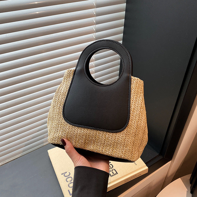 Summer Retro Color Contrast Patchwork Straw Bag Large Capacity Hand-Woven Bag Simple Fashion Shoulder Handbag