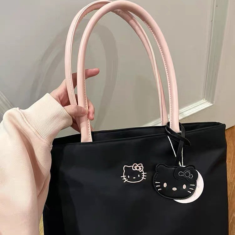Cute Kitty Embroidered Tote Bag for Women, Large Capacity Soft Nylon Shoulder Handbag with Magnetic Closure and Inner Pockets