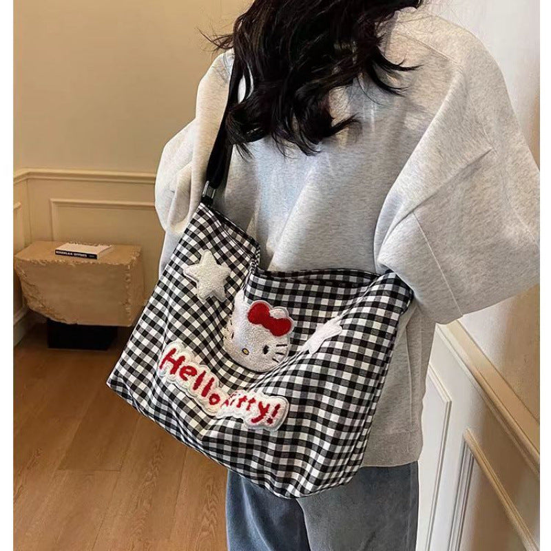 Cute Hellokitty Check Pattern Shoulder Bag Female Cartoon Large Capacity Crossbody Canvas Bag
