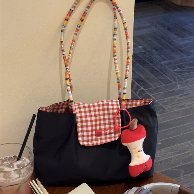 New Large Capacity Denim Shoulder Portable Checked Canvas Bag All-Match Commute Retro Casual Tote Bag Women