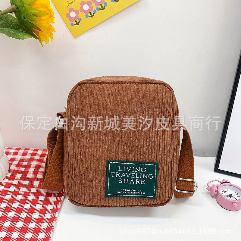 Corduroy Small Square Bag Women's Shoulder Bag Korean Simple Messenger Bag Zipper Closure Strap Mobile Phone Bag