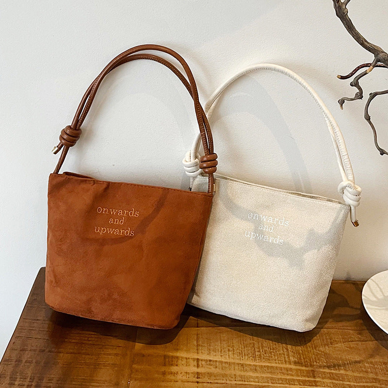 Women's Bucket Bag New Retro Suede Letter Embroidered Fashion Crossbody Shoulder Bag