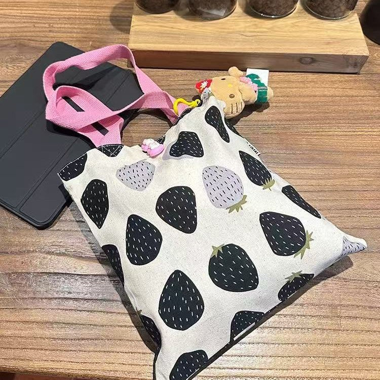 New Strawberry Printed Canvas Tote Bag Female Large Capacity Student Versatile Ins Style Commuter Shoulder Handbag