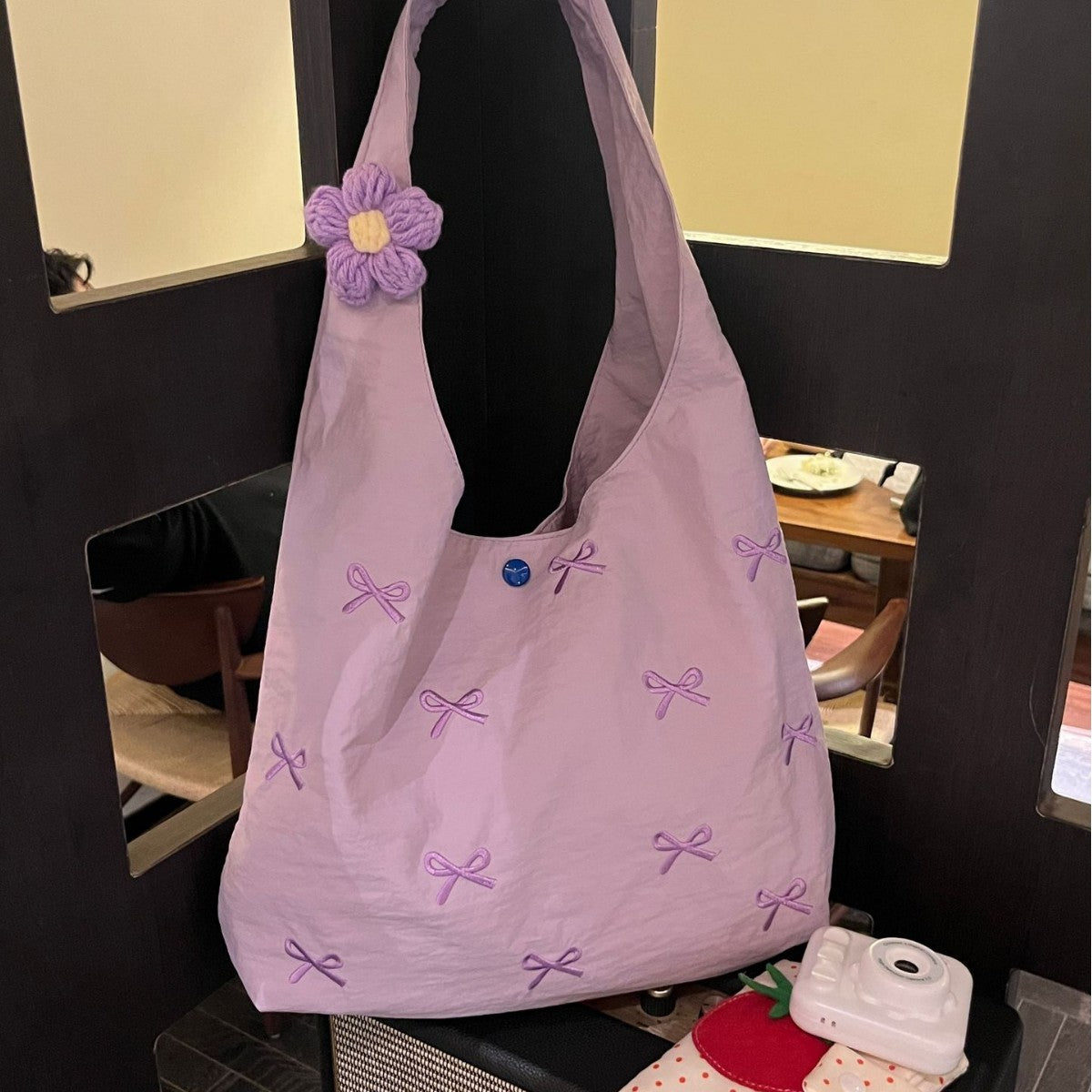 Charming Embroidered Tote Bag with Bow Details, Large Capacity Shoulder Bag for Casual Outings and Daily Commute