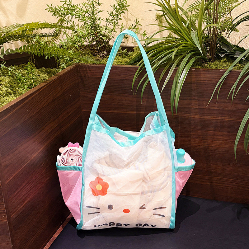 Cartoon Mesh Portable Shoulder Bag Women's Large Capacity Contrast Color Beach Bag Fitness Swimming Clothes Changing and Washing Storage Bag