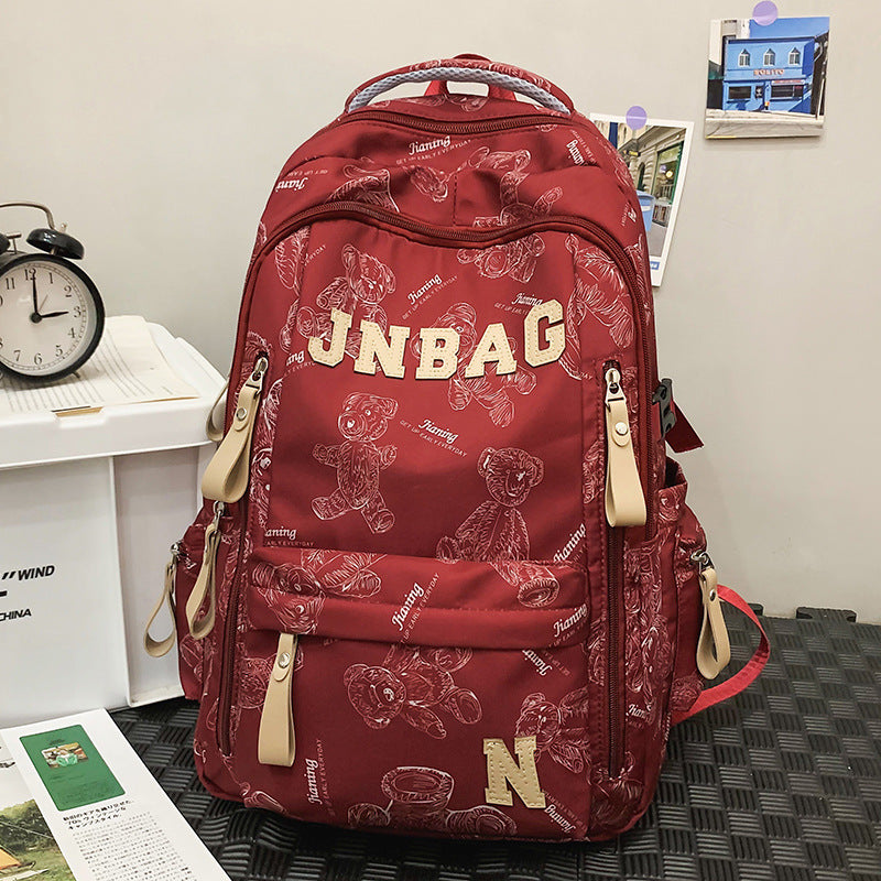 Fashionable Letter Print Backpack for Kids and Students, Breathable Nylon School Bag with Cute Bear Pattern