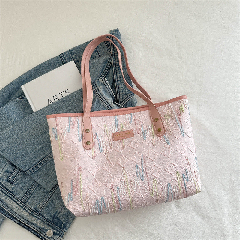 Leisure Commute Large Capacity Bag Women's New Fashion Shoulder Striped Embroidered Tote Bag