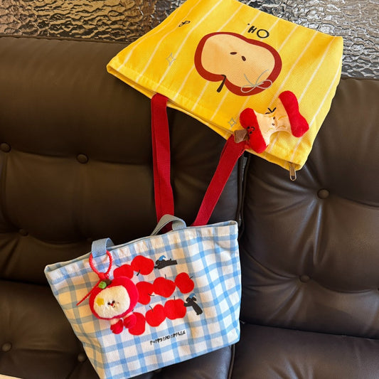 Cute Apple Print Canvas Tote Bag with Dual Straps and Zipper Closure for Daily Use