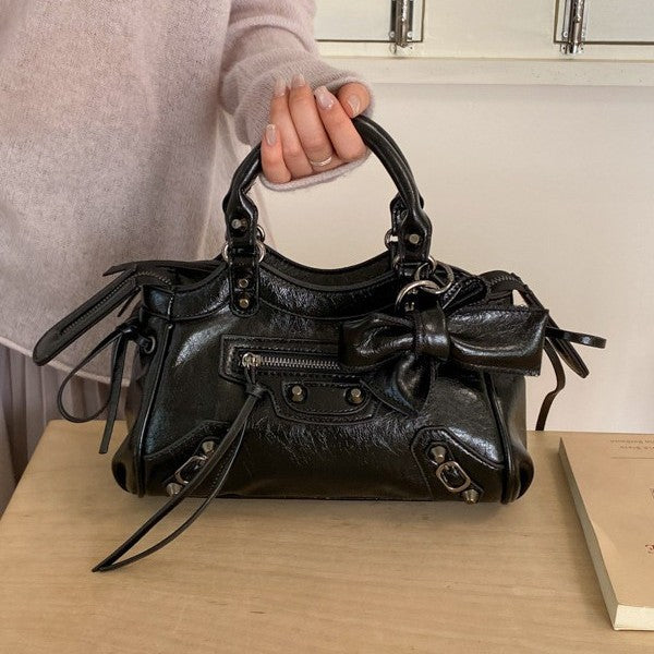 Retro Rivet Moto Bag Women's Fashion 2026 Trendy Small Crossbody Handbag with Tassel Details