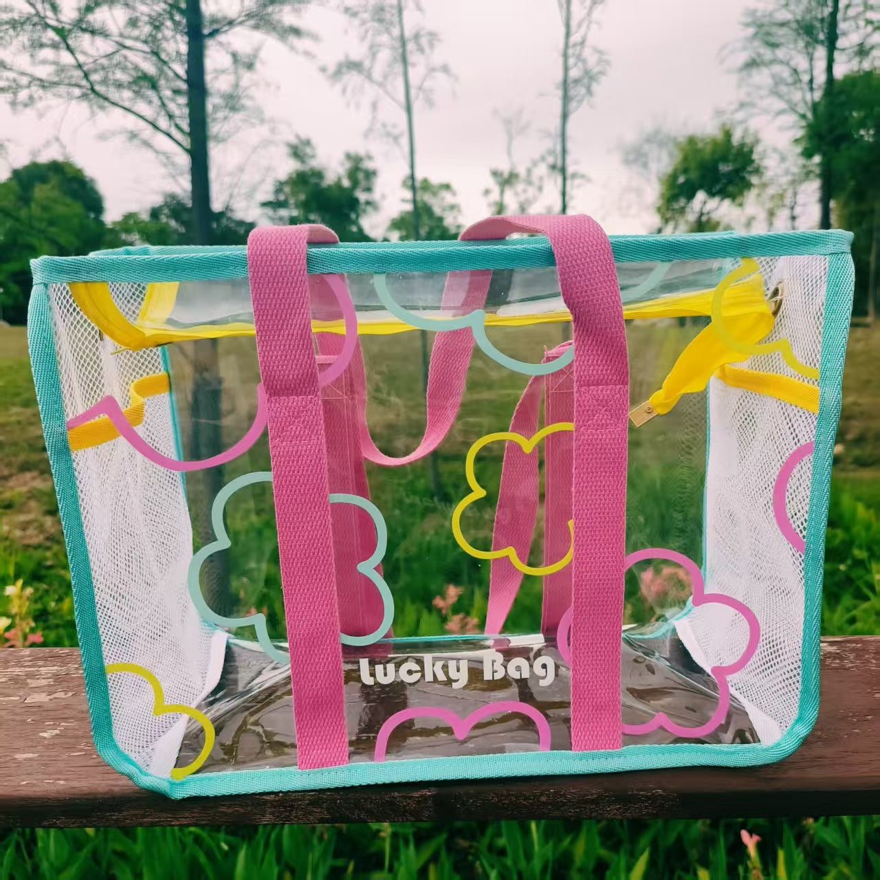 Transparent Waterproof Beach Bag with Summer Print, Large Capacity for Swimwear and Toiletries, Perfect for Pool and Travel