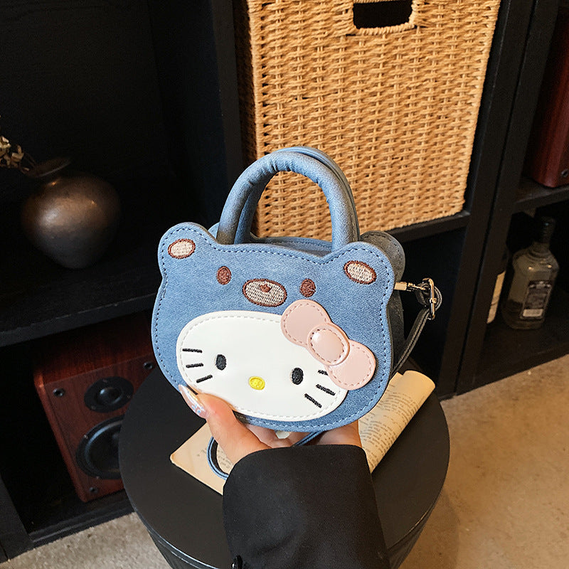 Cute Kitty Face Mini Handbag 2026 New Korean Style Denim Crossbody Bag for Kids and Parents Daily Use