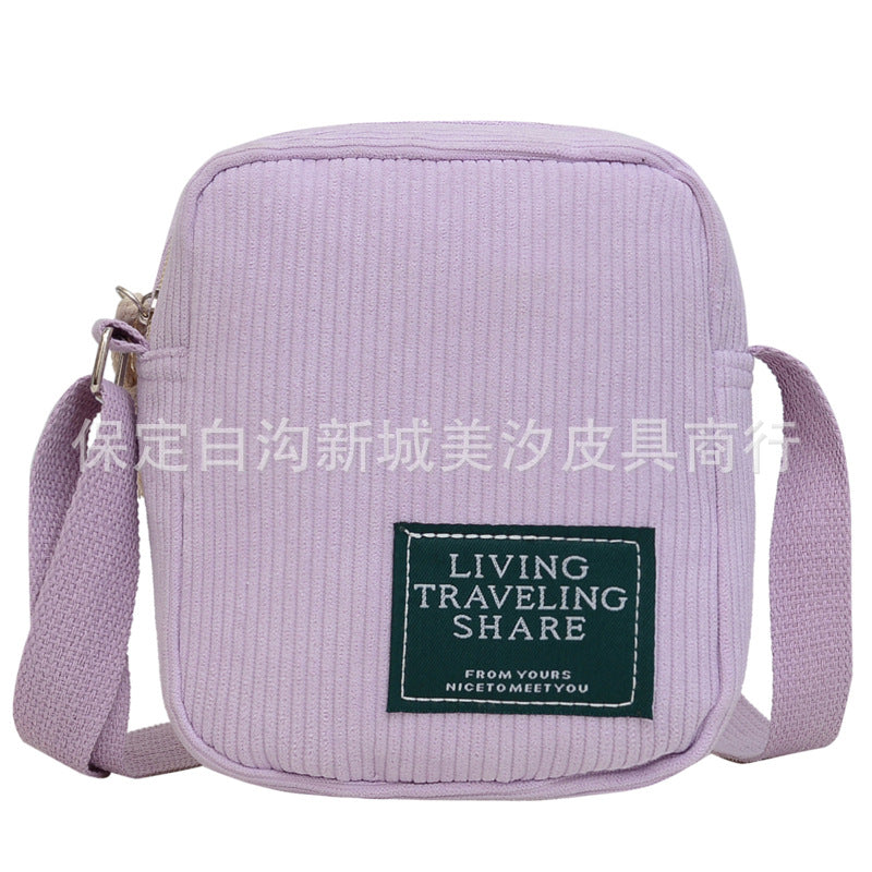 Corduroy Small Square Bag Women's Shoulder Bag Korean Simple Messenger Bag Zipper Closure Strap Mobile Phone Bag