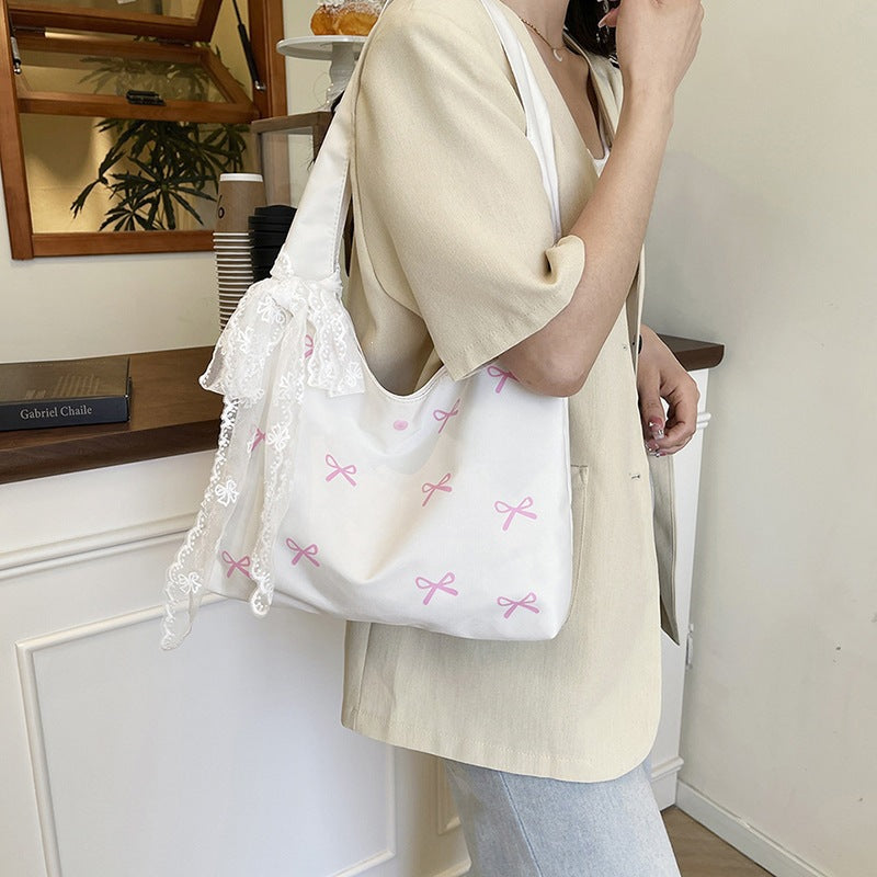 Canvas Bag Women's Super Beautiful Embroidered Bow Fairy Bag Artisitc Large Capacity All-Match Shoulder Bag