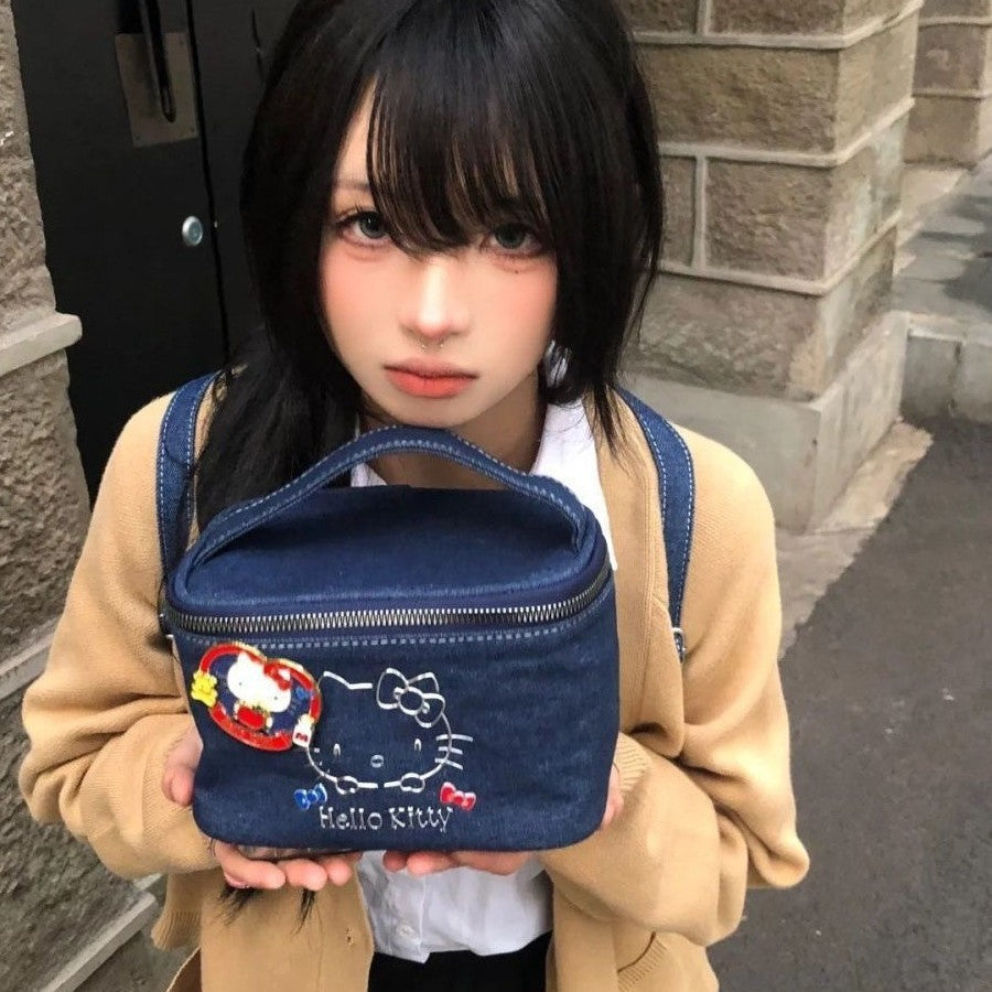 Cute Hello Kitty Denim Cosmetic Bag with Large Capacity and Zipper Closure for Daily Use