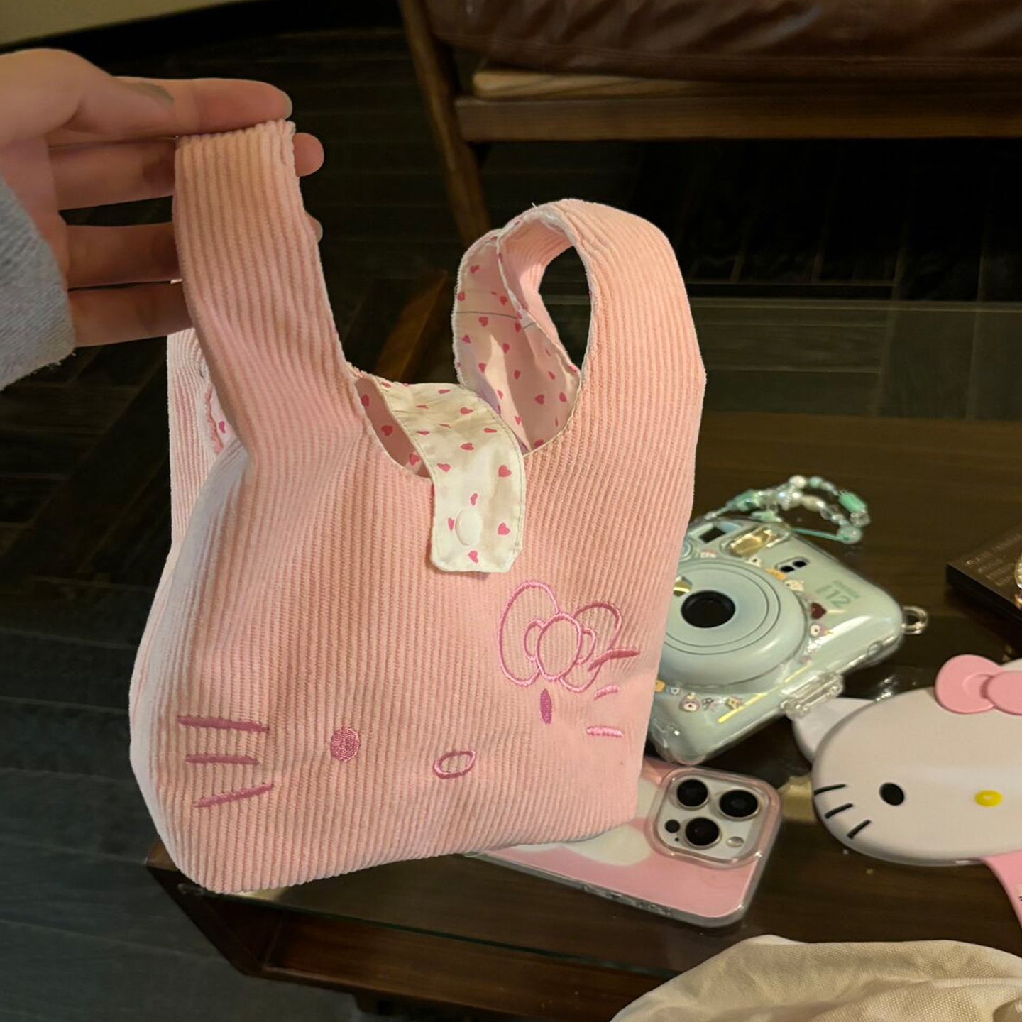 Cute Cartoon Cat Corduroy Handbag Heart-Shaped Pattern Everyday Joker out of Portable Bag