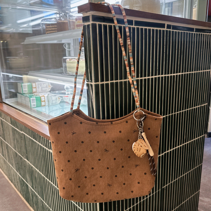 New Women's Tote Retro Corduroy Polka Dot Bow Fashion Shoulder Commuter Bag Everyday Joker