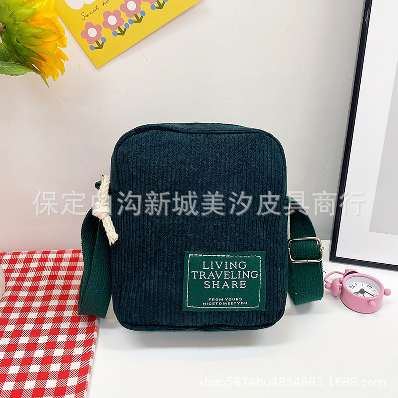 Corduroy Small Square Bag Women's Shoulder Bag Korean Simple Messenger Bag Zipper Closure Strap Mobile Phone Bag