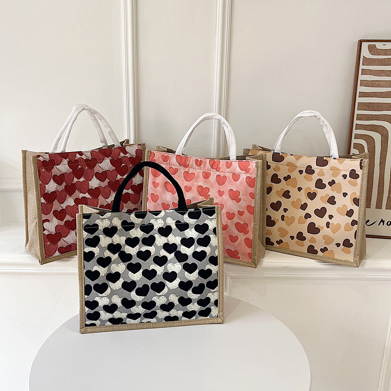Linen Magnetic Snap Large Capacity Bag Female New Simple Fashion Peach Heart Portable Commuter Large Tote Bag