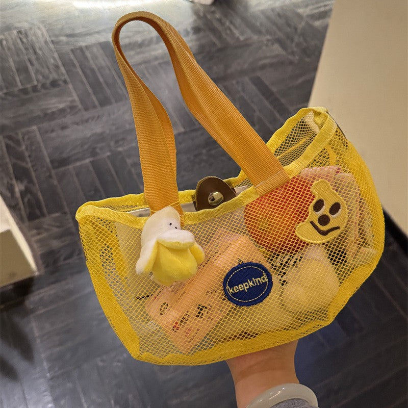 Summer Mesh Tote Bag with Cute Accessories for Beach, Bath, and Daily Use