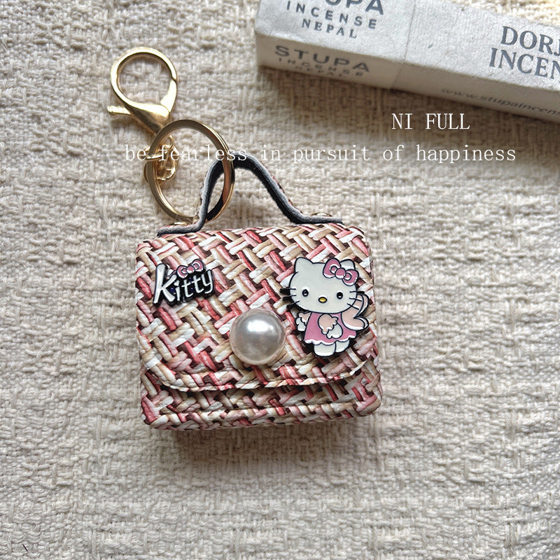 Korean Style New Retro Dots Cartoon Cat Lipstick Pack Pearl Exquisite High Sense Versatile Pendant Keychain for Women