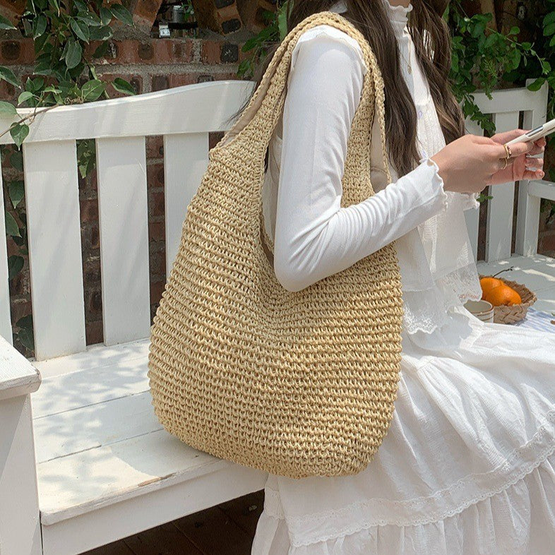 New Boho Style Straw Weave Tote Bag Large Capacity Casual Shoulder Handbag Ethnic Design for Daily Use