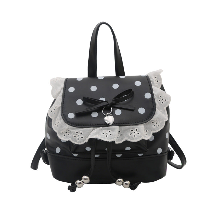 Cute Polka Dot Backpack with Lace Trim and Bow Detail for Girls and Students